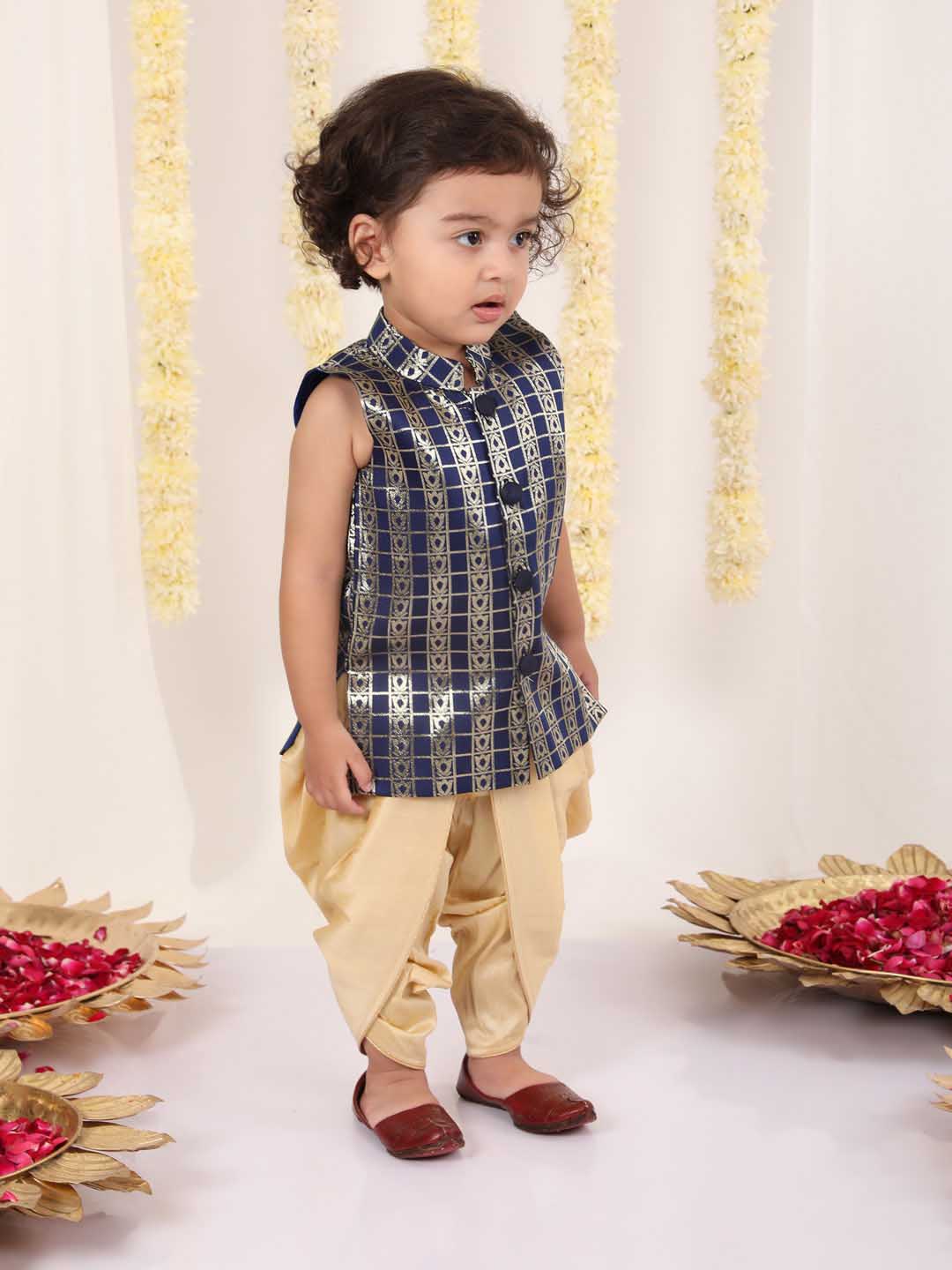 VASTRAMAY Boys' Navy Blue Brocade Kurta Dhoti Set