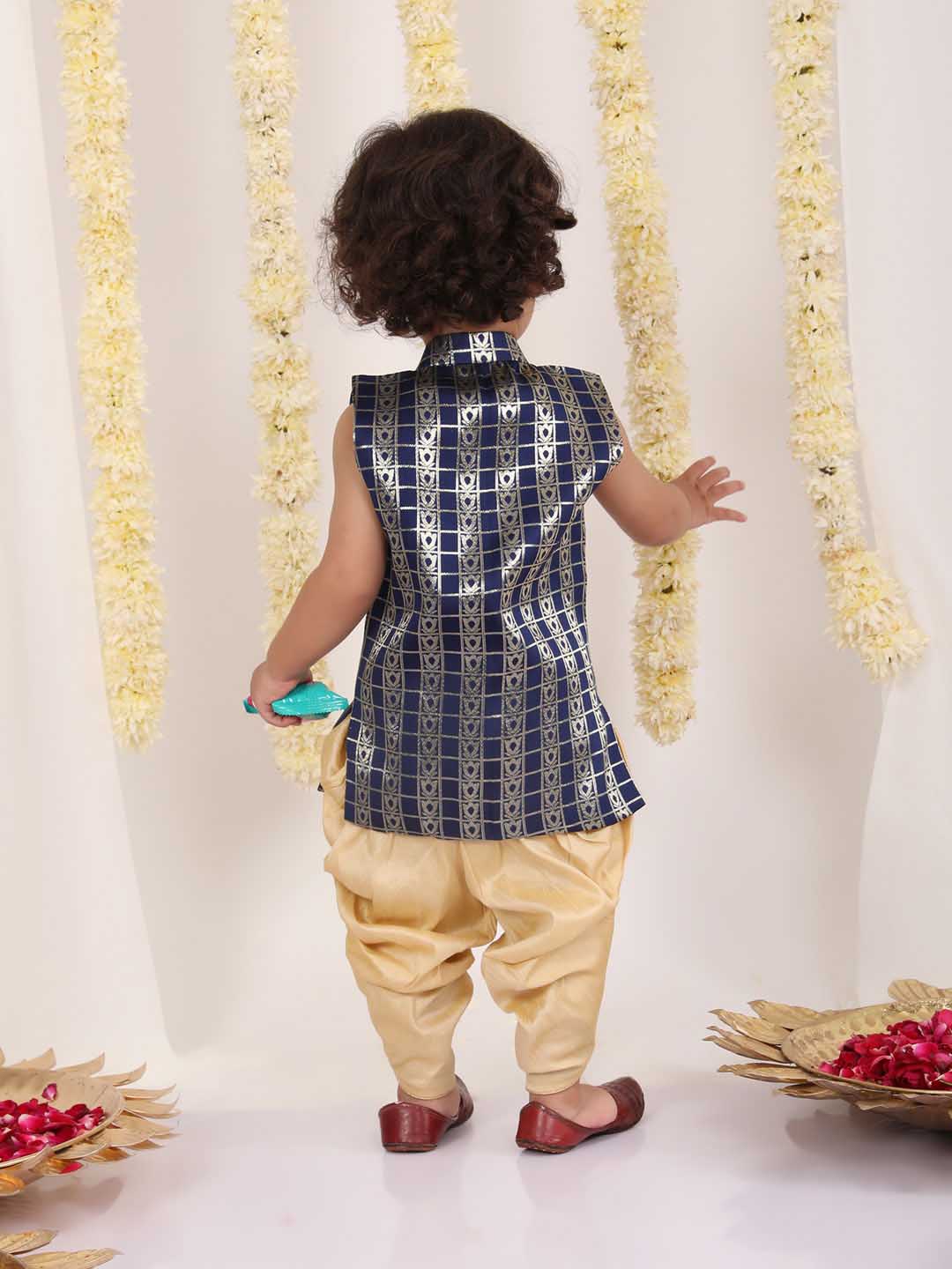 VASTRAMAY Boys' Navy Blue Brocade Kurta Dhoti Set