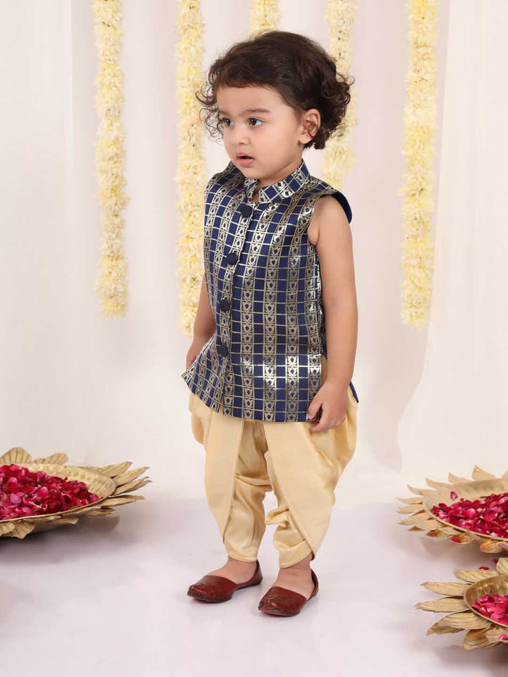 VASTRAMAY Boys' Navy Blue Brocade Kurta Dhoti Set