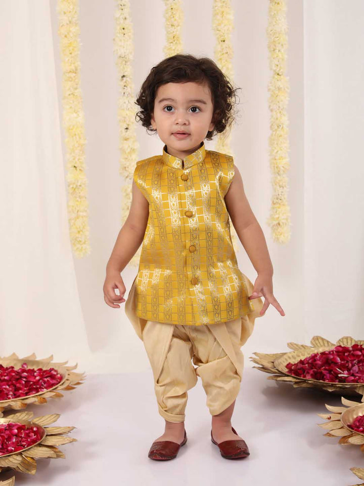 VASTRAMAY Boys' Yellow Brocade Kurta Dhoti Set