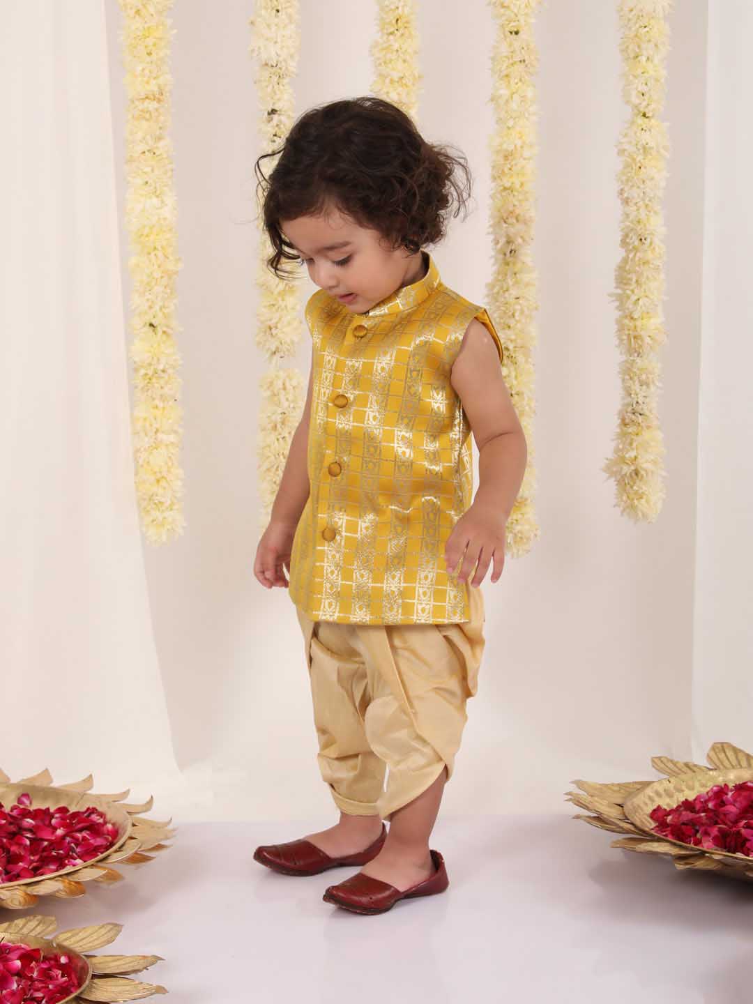 VASTRAMAY Boys' Yellow Brocade Kurta Dhoti Set