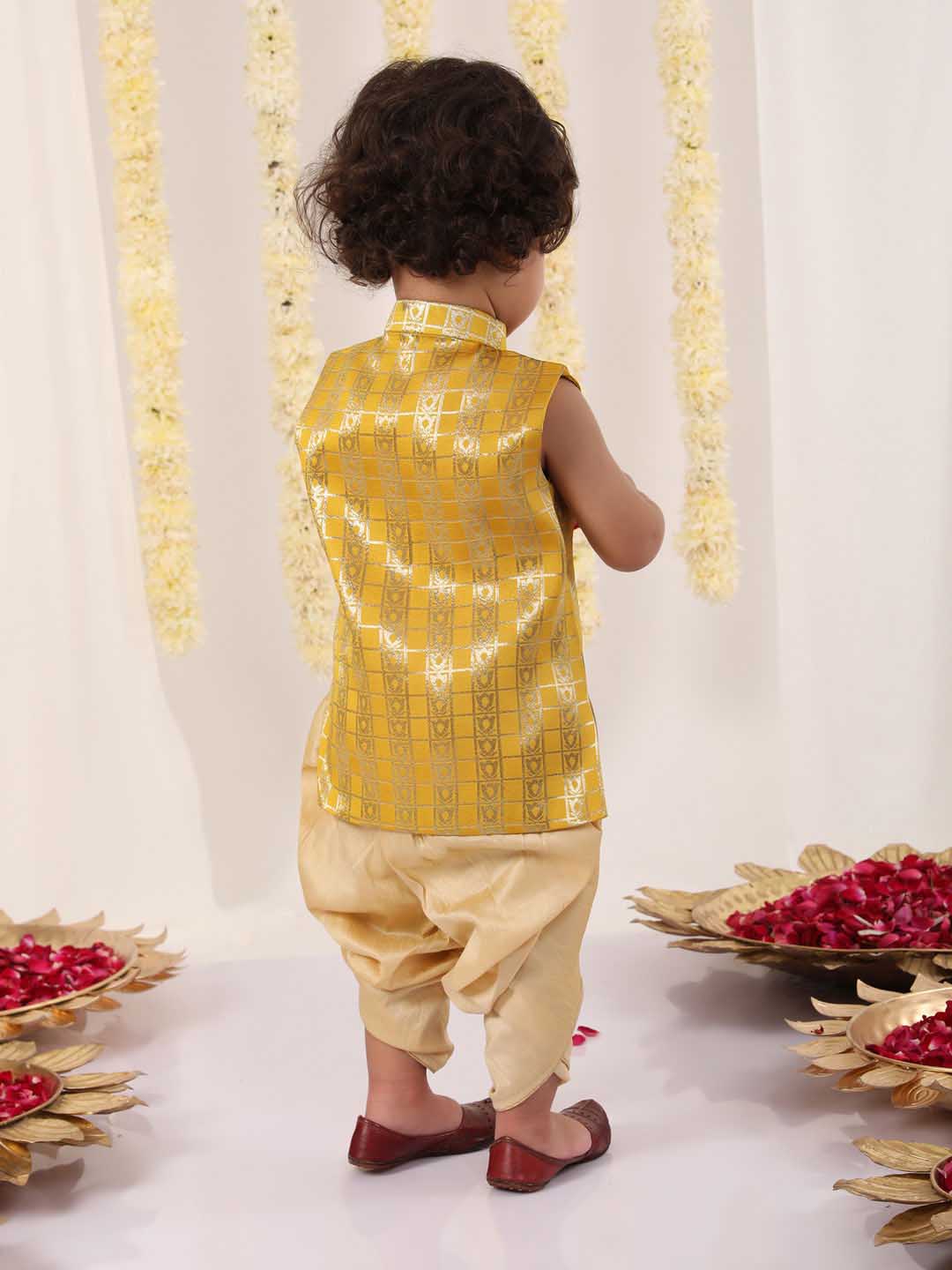 VASTRAMAY Boys' Yellow Brocade Kurta Dhoti Set