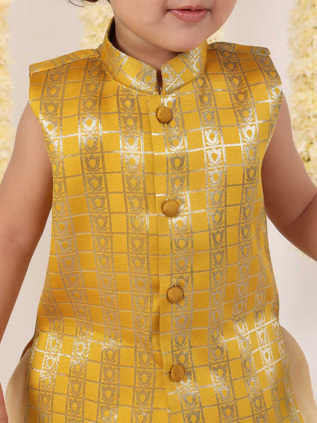 VASTRAMAY Boys' Yellow Brocade Kurta Dhoti Set