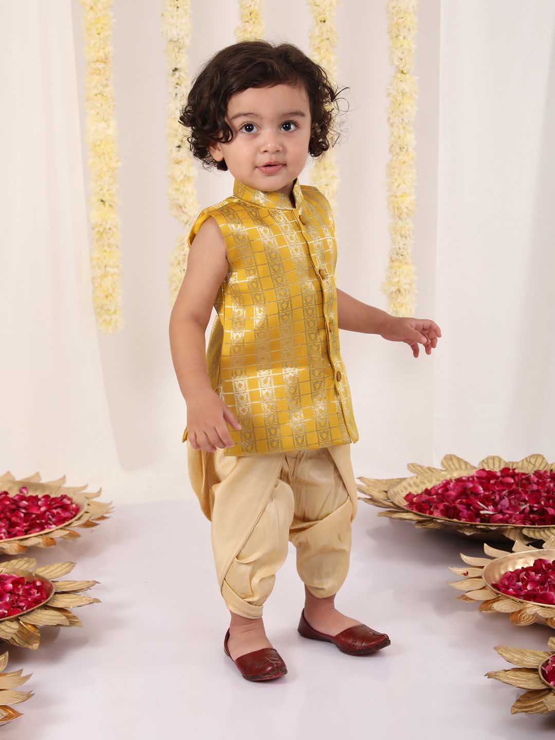 VASTRAMAY Boys' Yellow Brocade Kurta Dhoti Set