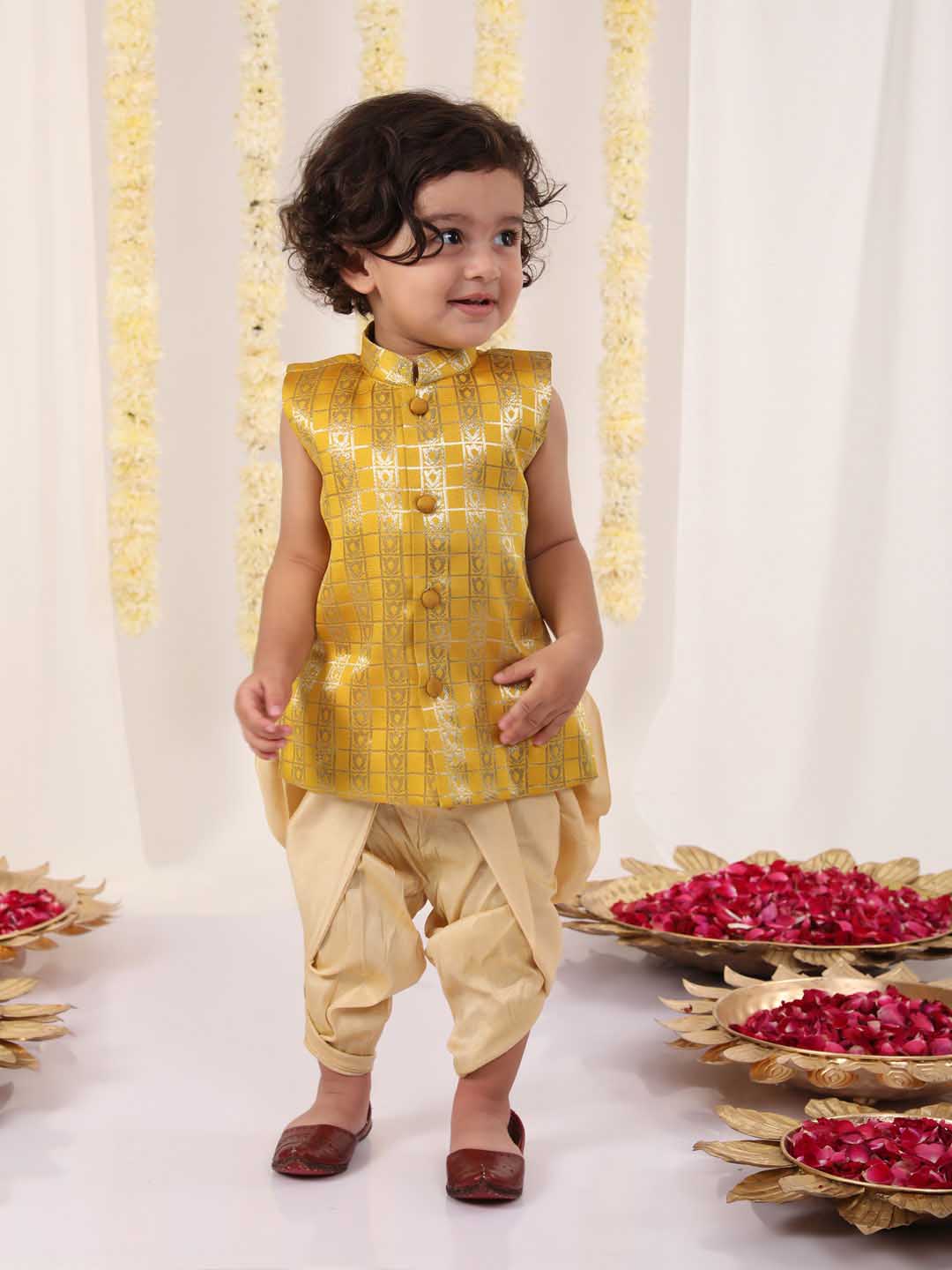 VASTRAMAY Boys' Yellow Brocade Kurta Dhoti Set