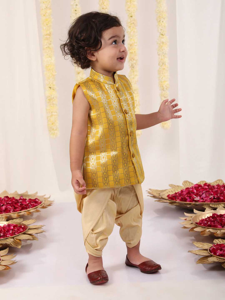 VASTRAMAY Boys' Yellow Brocade Kurta Dhoti Set