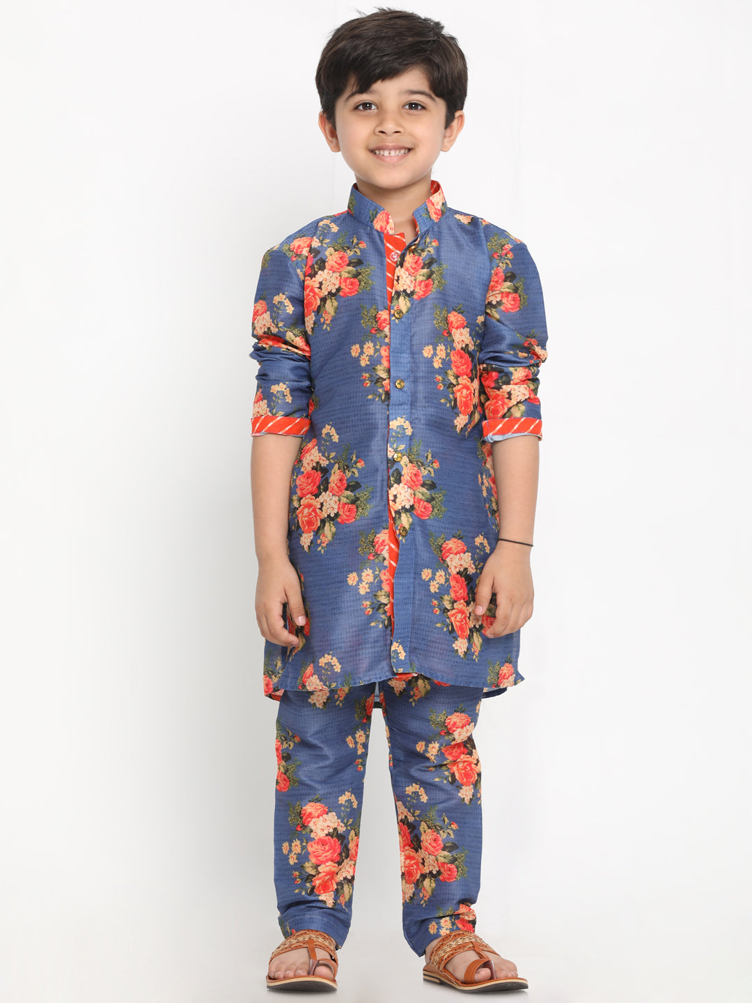 Vastramay Boys Floral Printed Blue Kurta Pyjama Set With Laharia Border