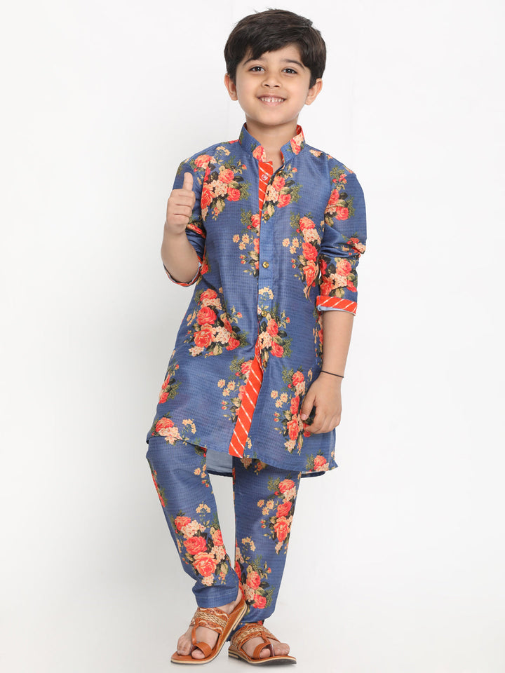 Vastramay Boys Floral Printed Blue Kurta Pyjama Set With Laharia Border