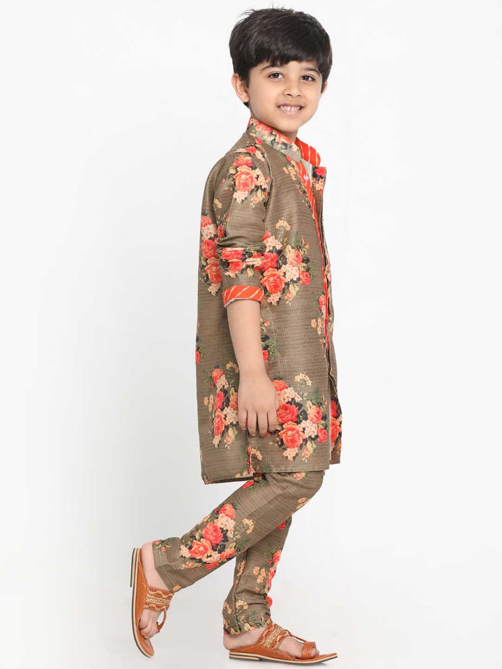 Vastramay Boys Floral Printed Beige Kurta Pyjama Set With Laharia Border