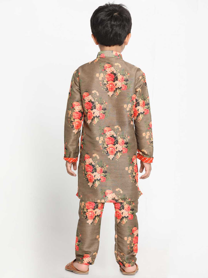 Vastramay Boys Floral Printed Beige Kurta Pyjama Set With Laharia Border