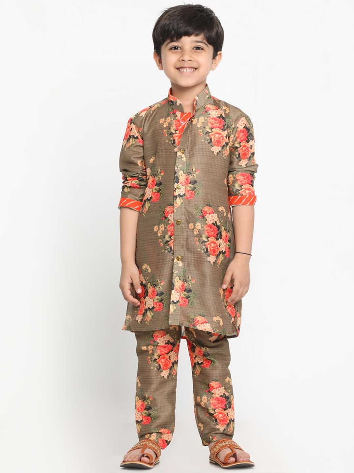 Vastramay Boys Floral Printed Beige Kurta Pyjama Set With Laharia Border