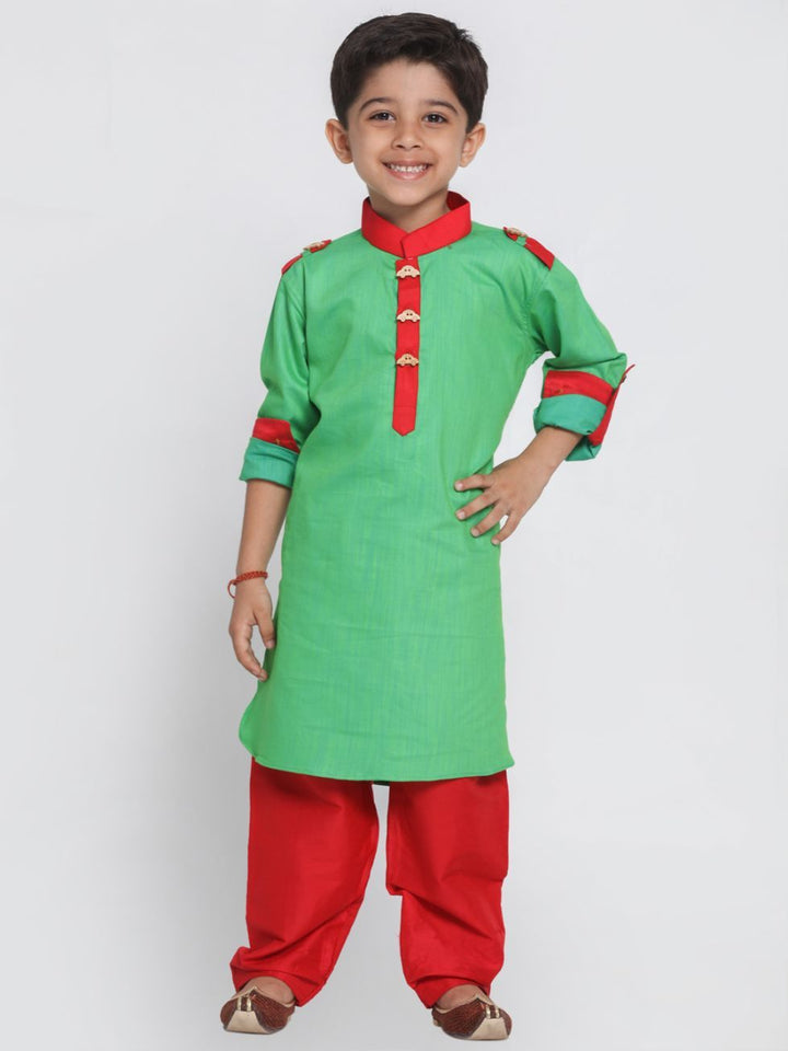 VASTRAMAY Boys Green Cotton Pathani Suit Set