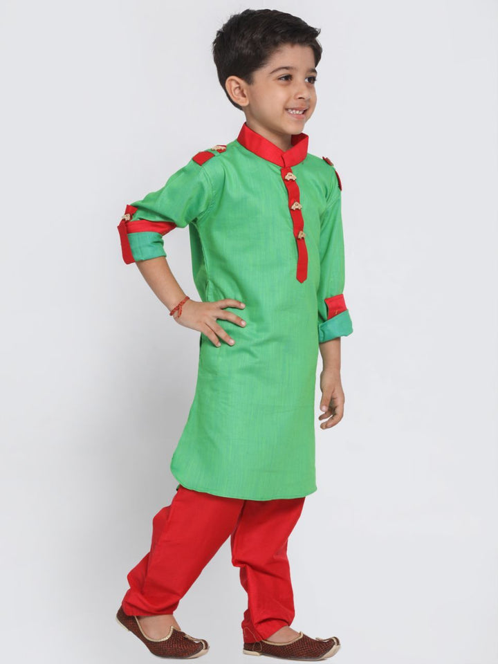 VASTRAMAY Boys Green Cotton Pathani Suit Set