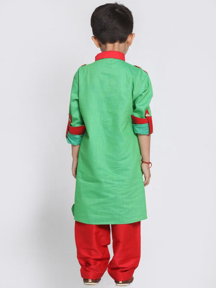 VASTRAMAY Boys Green Cotton Pathani Suit Set