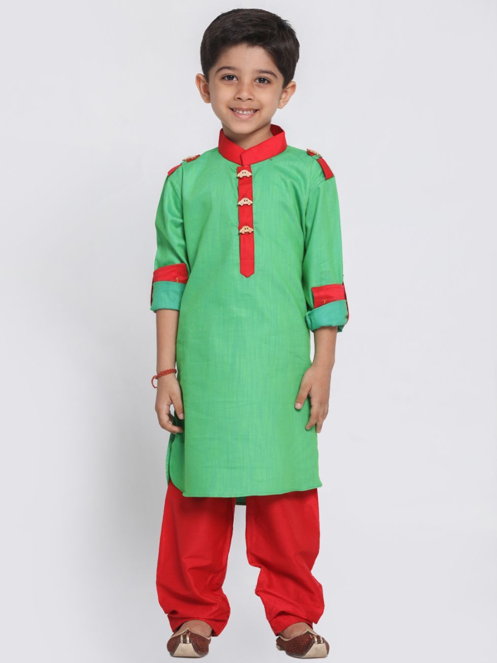 VASTRAMAY Boys Green Cotton Pathani Suit Set