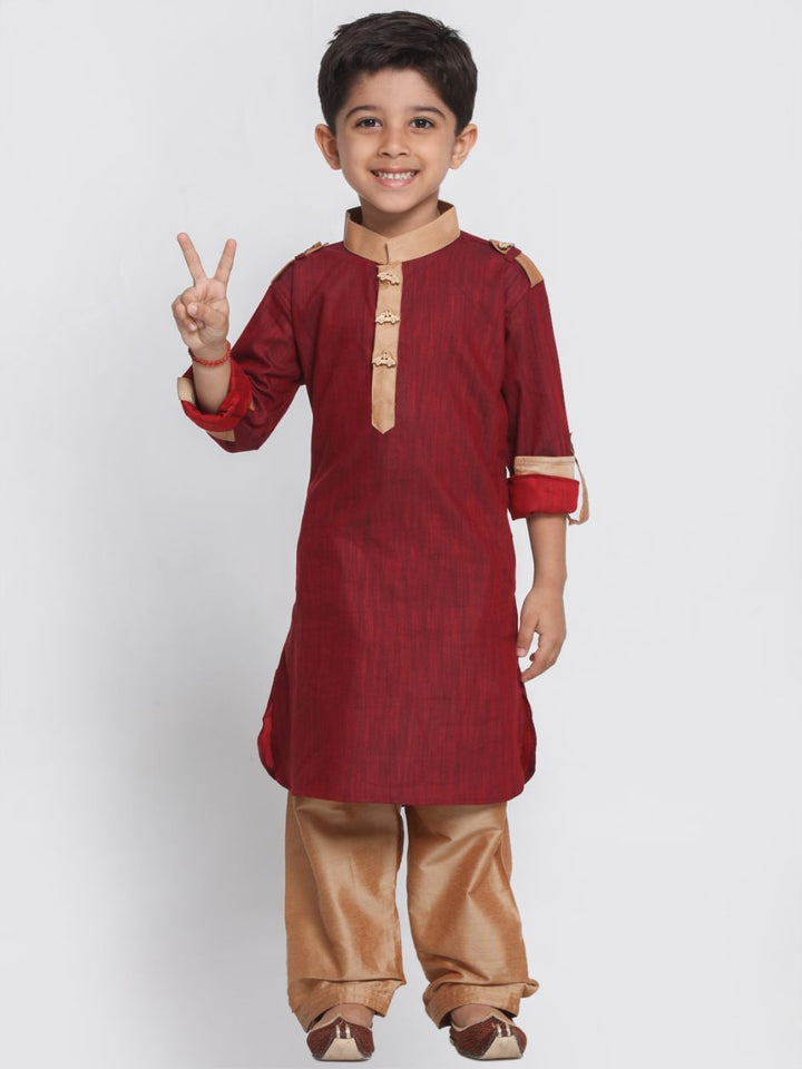 VASTRAMAY Boy's Maroon Cotton Pathani Suit