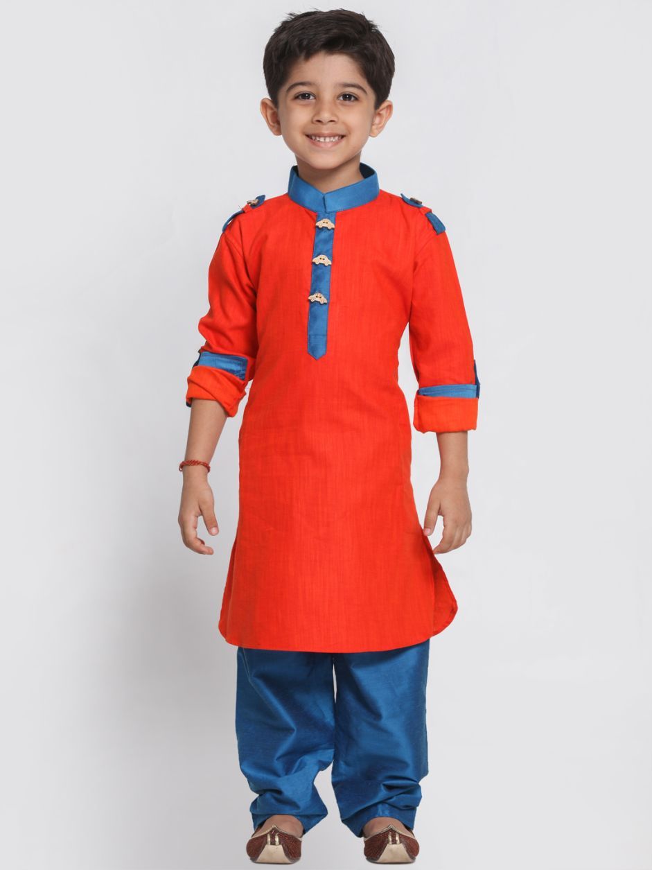 VASTRAMAY Boy's Orange Cotton Pathani Suit