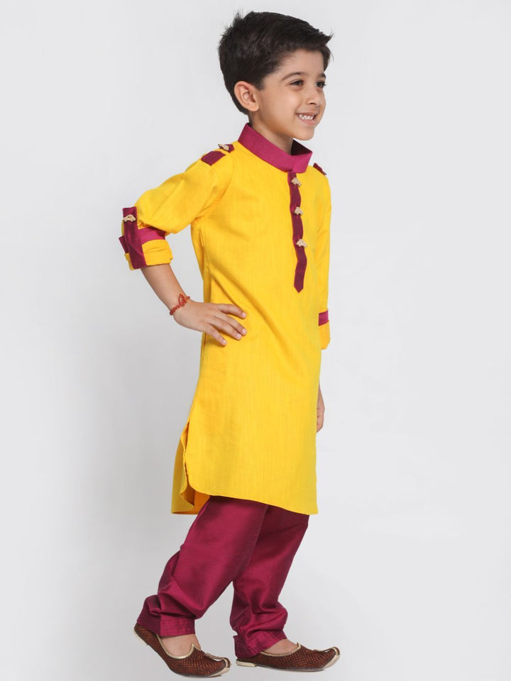 VASTRAMAY Boy's Yellow Cotton Pathani Suit