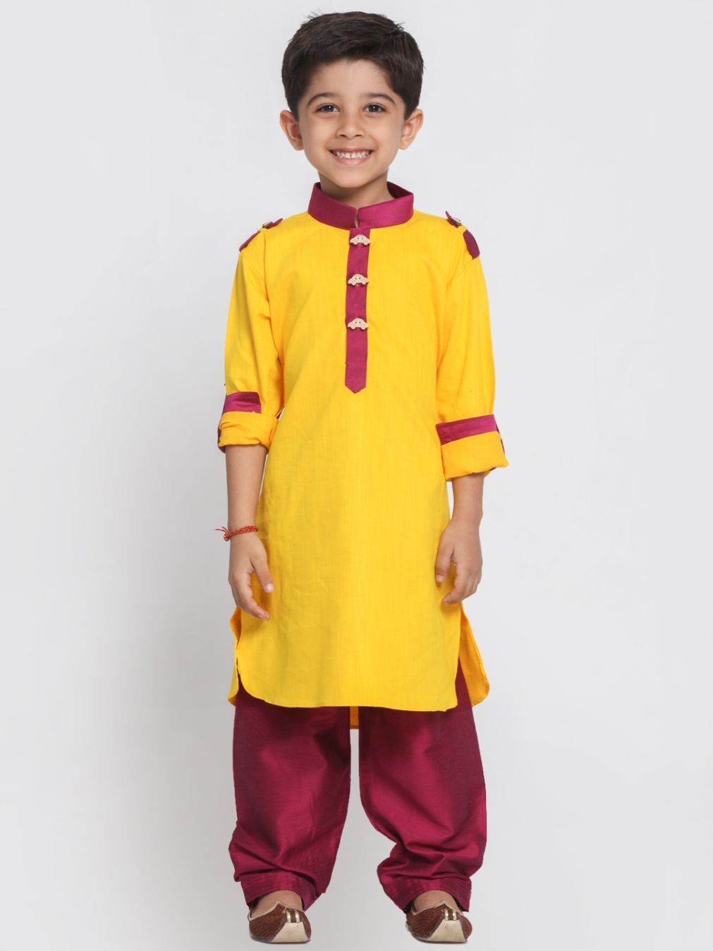 VASTRAMAY Boy's Yellow Cotton Pathani Suit