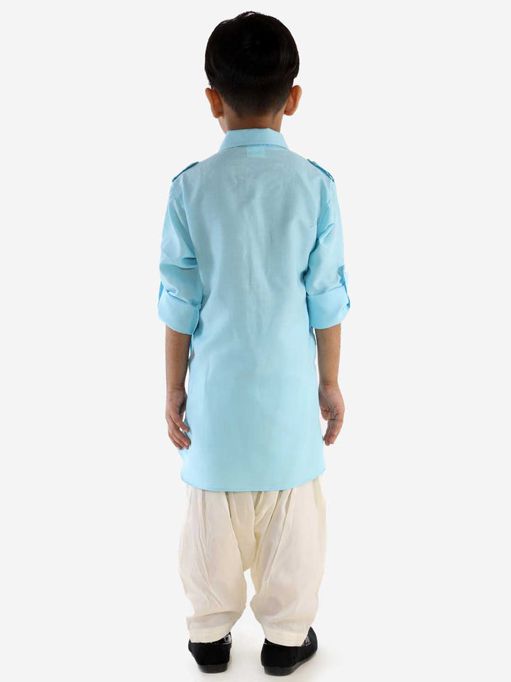 Vastramay Boy's Blue Cotton Blend Pathani Suit Set