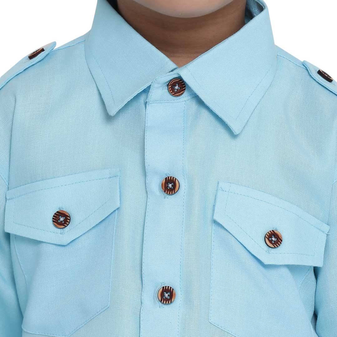 Vastramay Boy's Blue Cotton Blend Pathani Suit Set