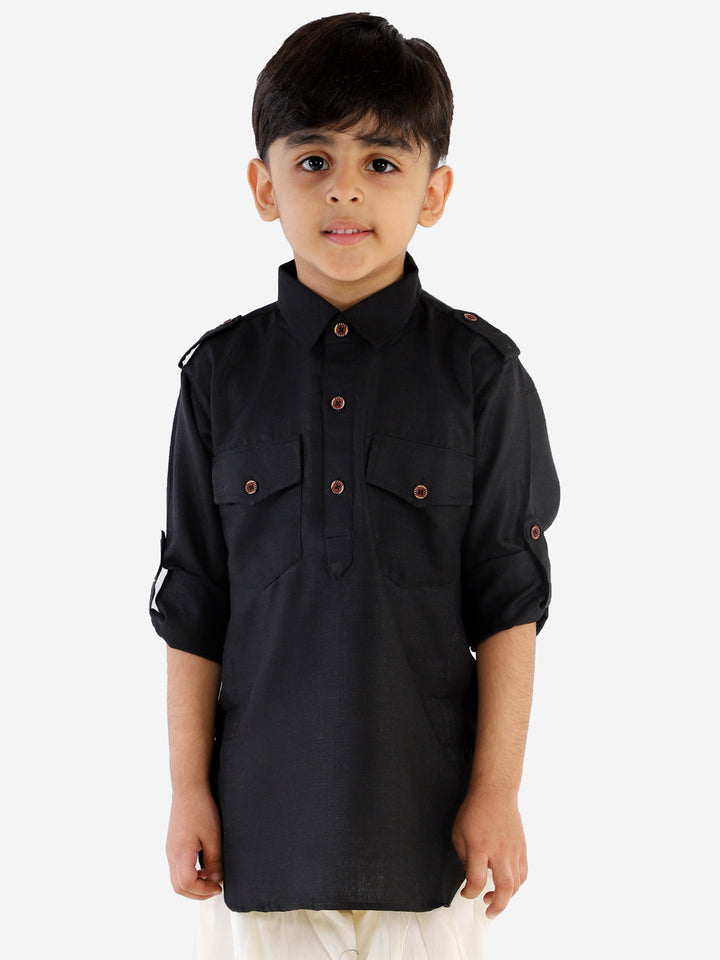 Vastramay Black Cotton Blend Baap Beta Pathani Kurta