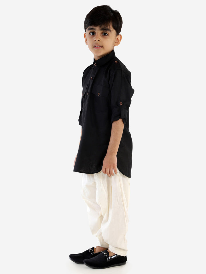 VASTRAMAY Boy's Black Cotton Blend Pathani Suit Set