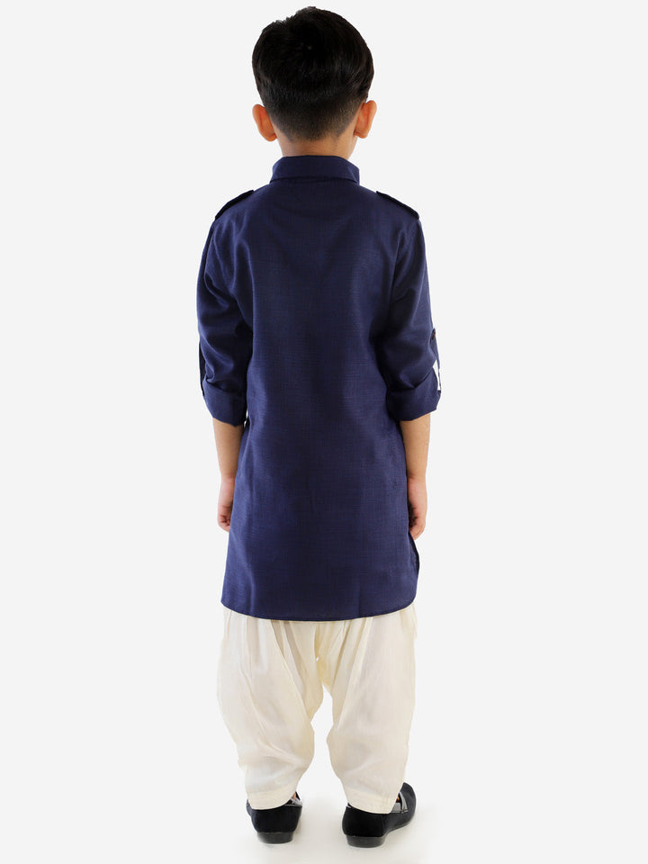 VASTRAMAY Boy's Navy Blue Cotton Blend Pathani Suit Set