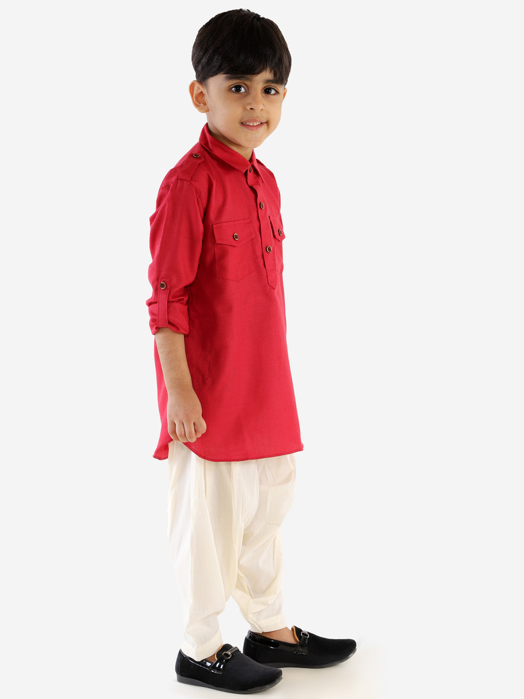 VASTRAMAY Boy's Maroon Cotton Blend Pathani Suit Set