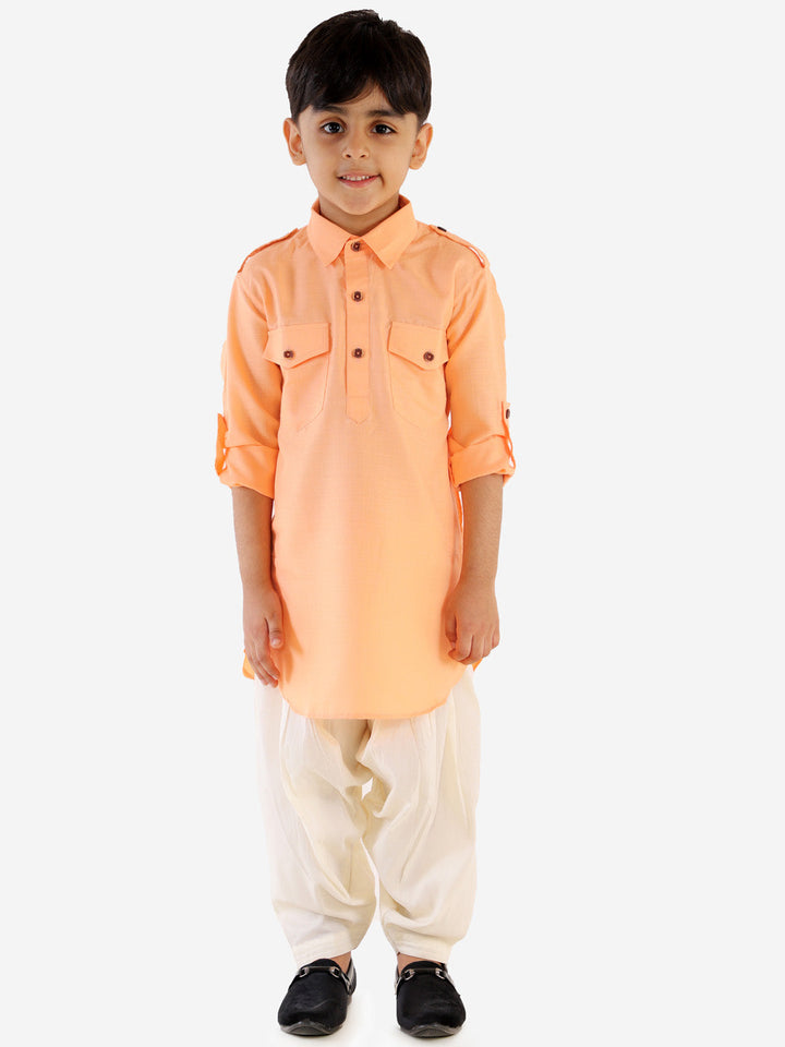 VASTRAMAY Boys Peach Cotton Blend Pathani Suit Set