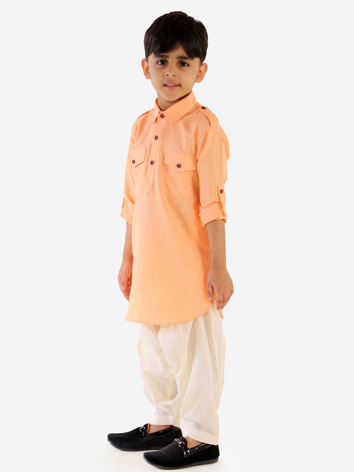 VASTRAMAY Boys Peach Cotton Blend Pathani Suit Set