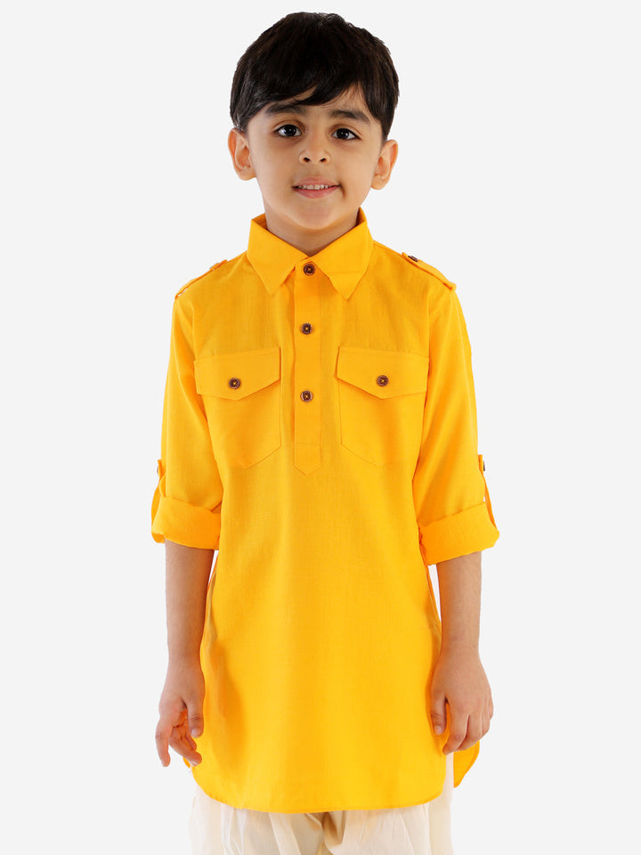 VASTRAMAY Boy's Yellow Pathani Kurta