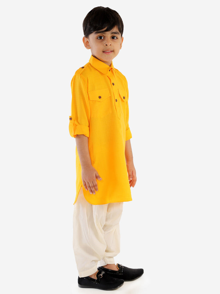 VASTRAMAY Boy's Yellow Cotton Blend Pathani Suit Set