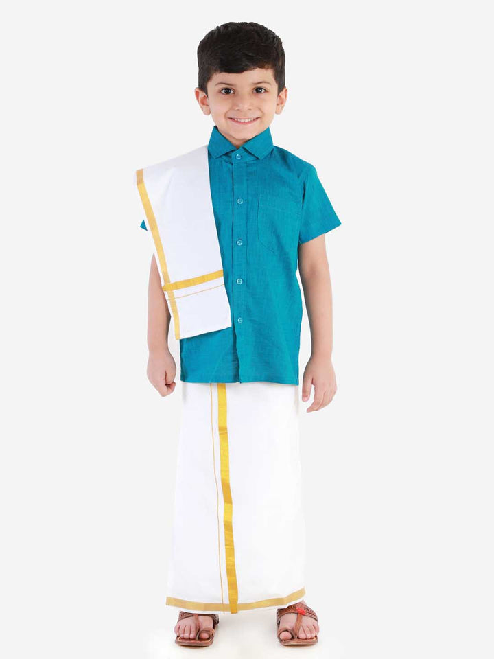 Vastramay Boys' Azure Blue Cotton Short Sleeves Ethnic Shirt