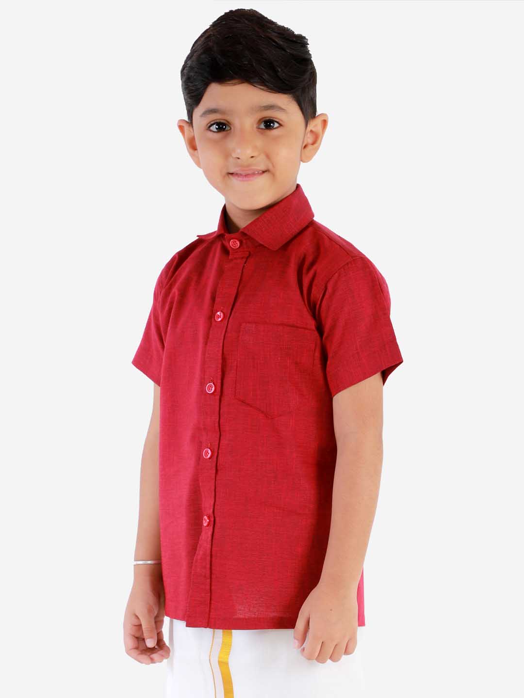 Vastramay Boys' Cherry Maroon Cotton Short Sleeves Ethnic Shirt