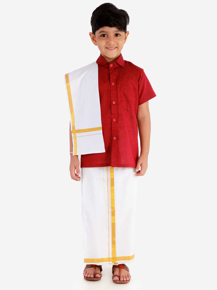 Vastramay Boys' Cherry Maroon Cotton Short Sleeves Ethnic Shirt