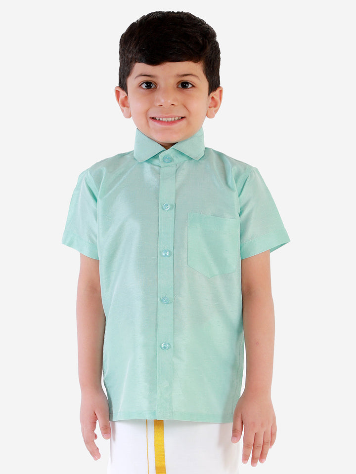 Vastramay Boys' Aqua Silk Short Sleeves Ethnic Shirt