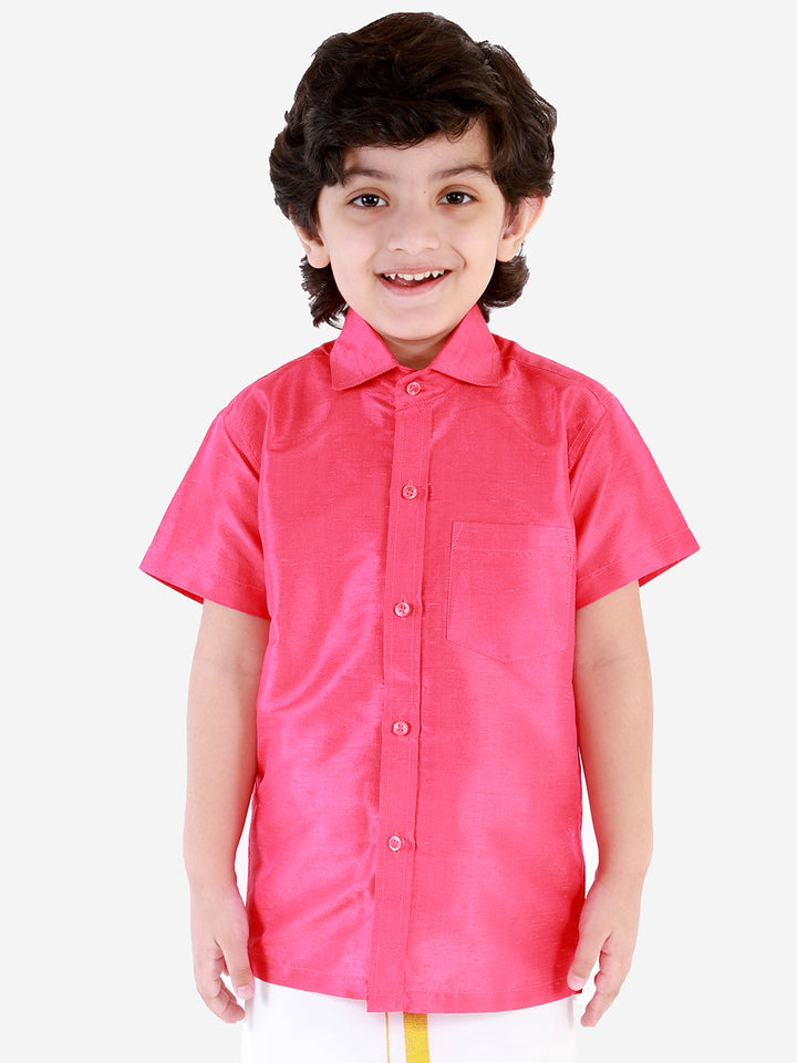 Vastramay Boys' Punch Pink Silk Short Sleeves Ethnic Shirt