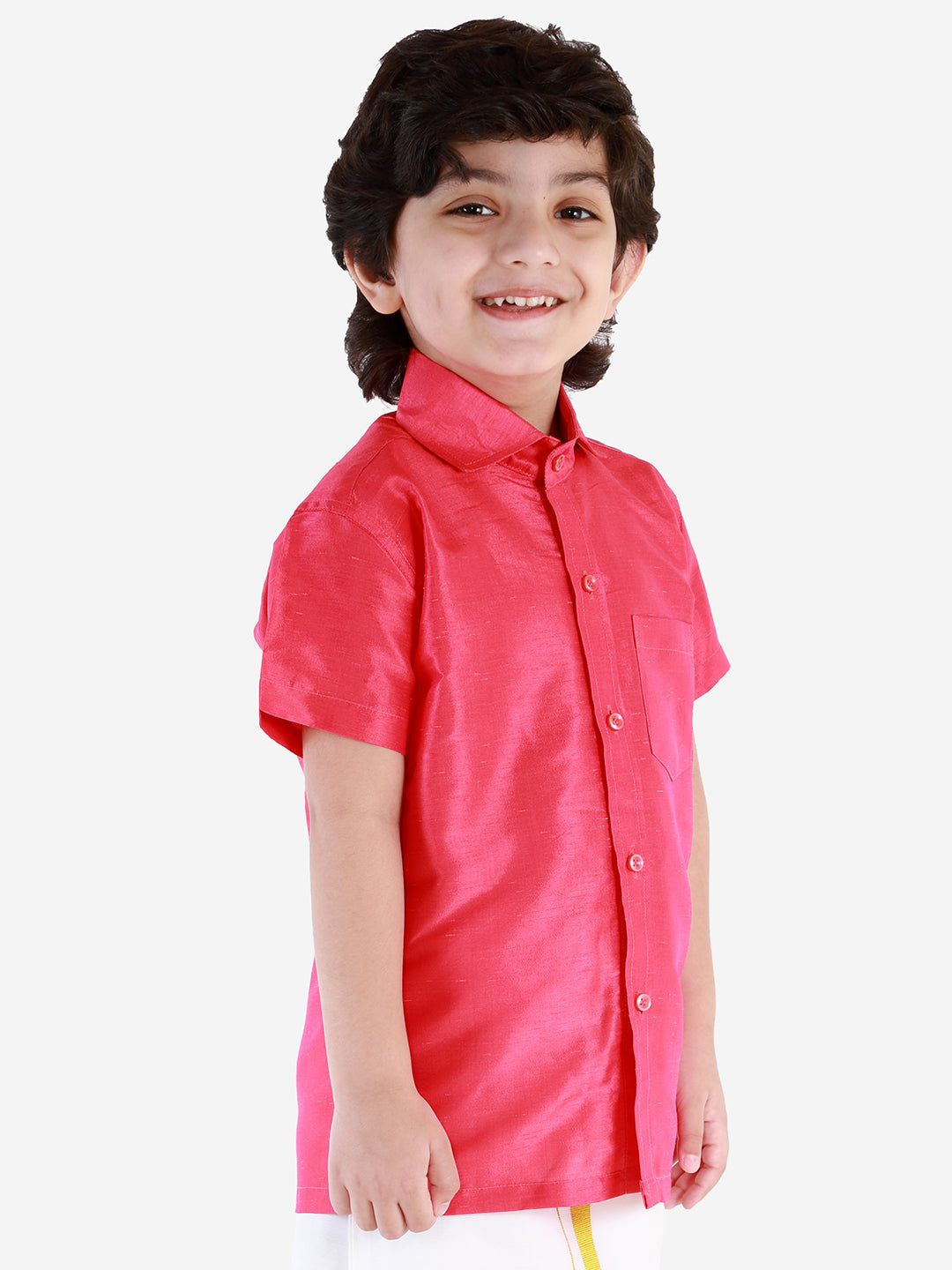 Vastramay Boys' Punch Pink Silk Short Sleeves Ethnic Shirt