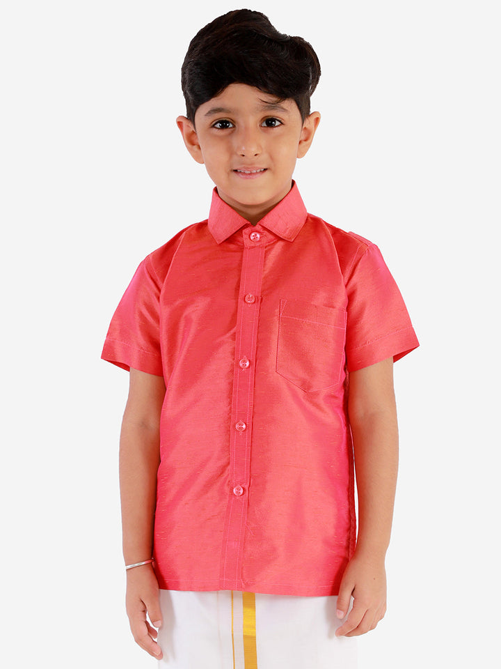 Vastramay Boys' Candy Red Silk Short Sleeves Ethnic Shirt