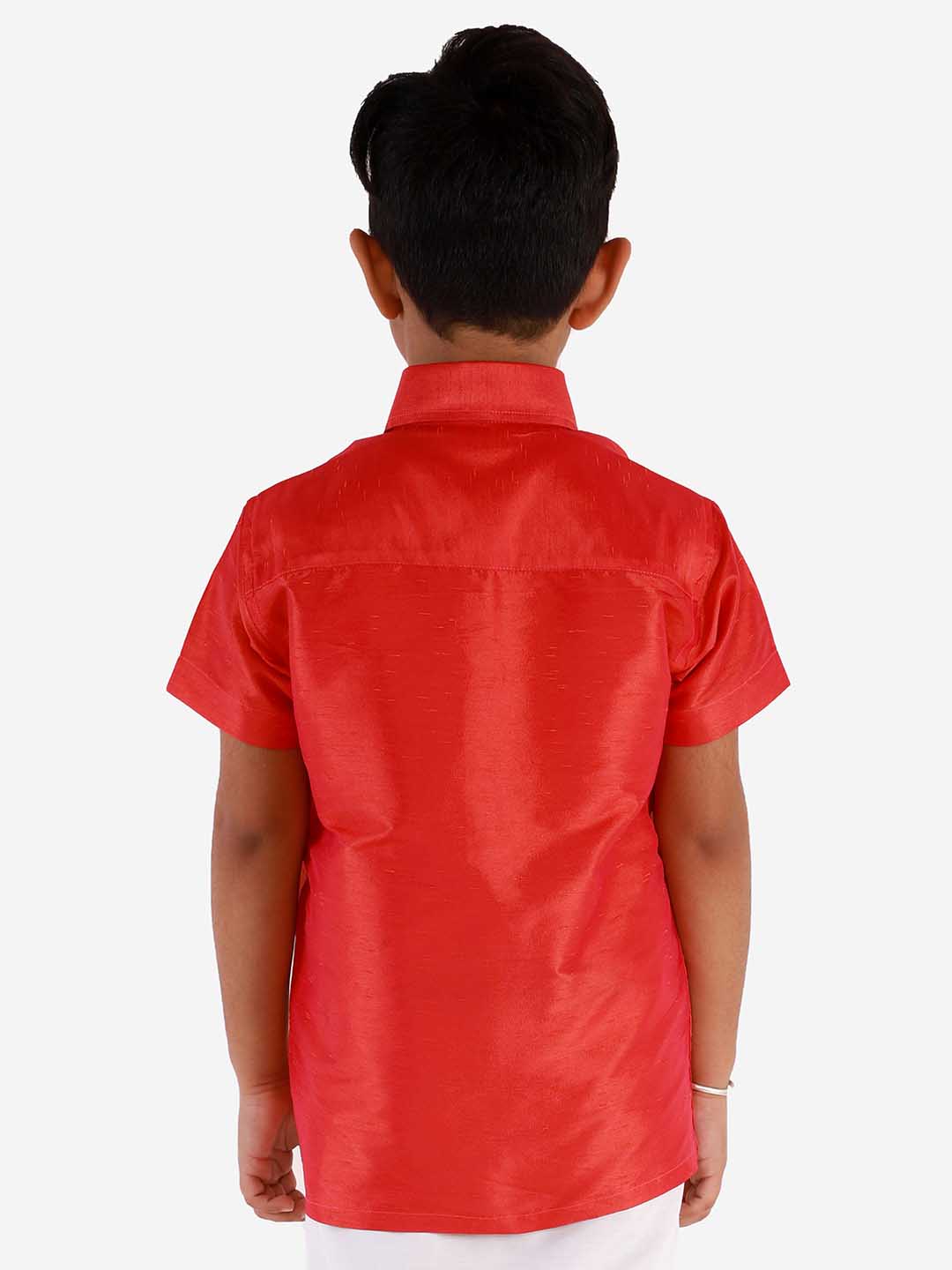 Vastramay Boys' Candy Red Silk Short Sleeves Ethnic Shirt