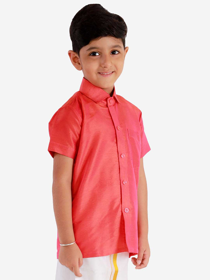 Vastramay Boys' Candy Red Silk Short Sleeves Ethnic Shirt