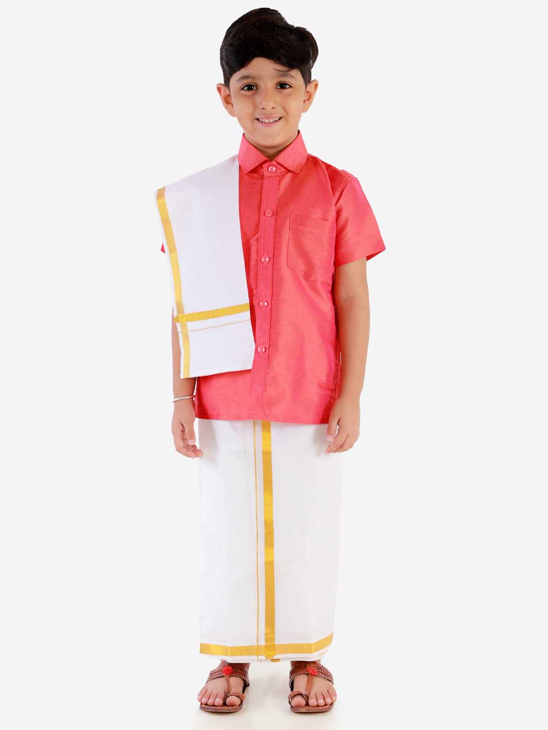 Vastramay Boys' Candy Red Silk Short Sleeves Ethnic Shirt