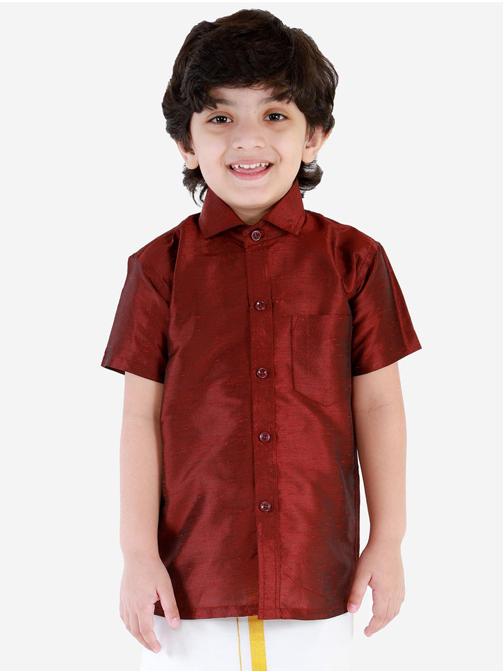 Vastramay Boys' Wine Silk Short Sleeves Ethnic Shirt