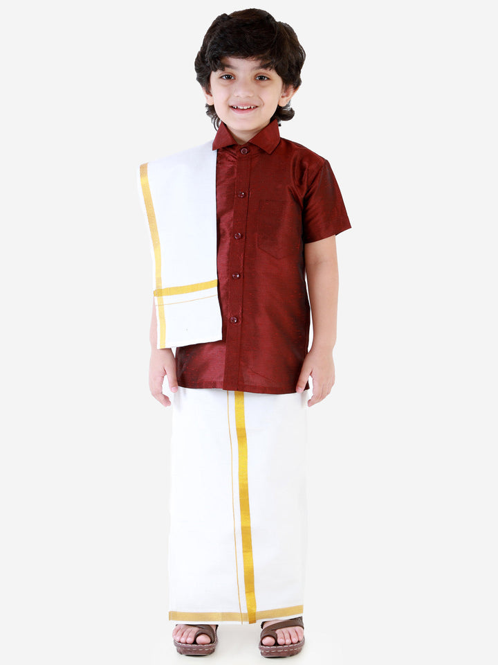 Vastramay Boys' Wine Silk Short Sleeves Ethnic Shirt