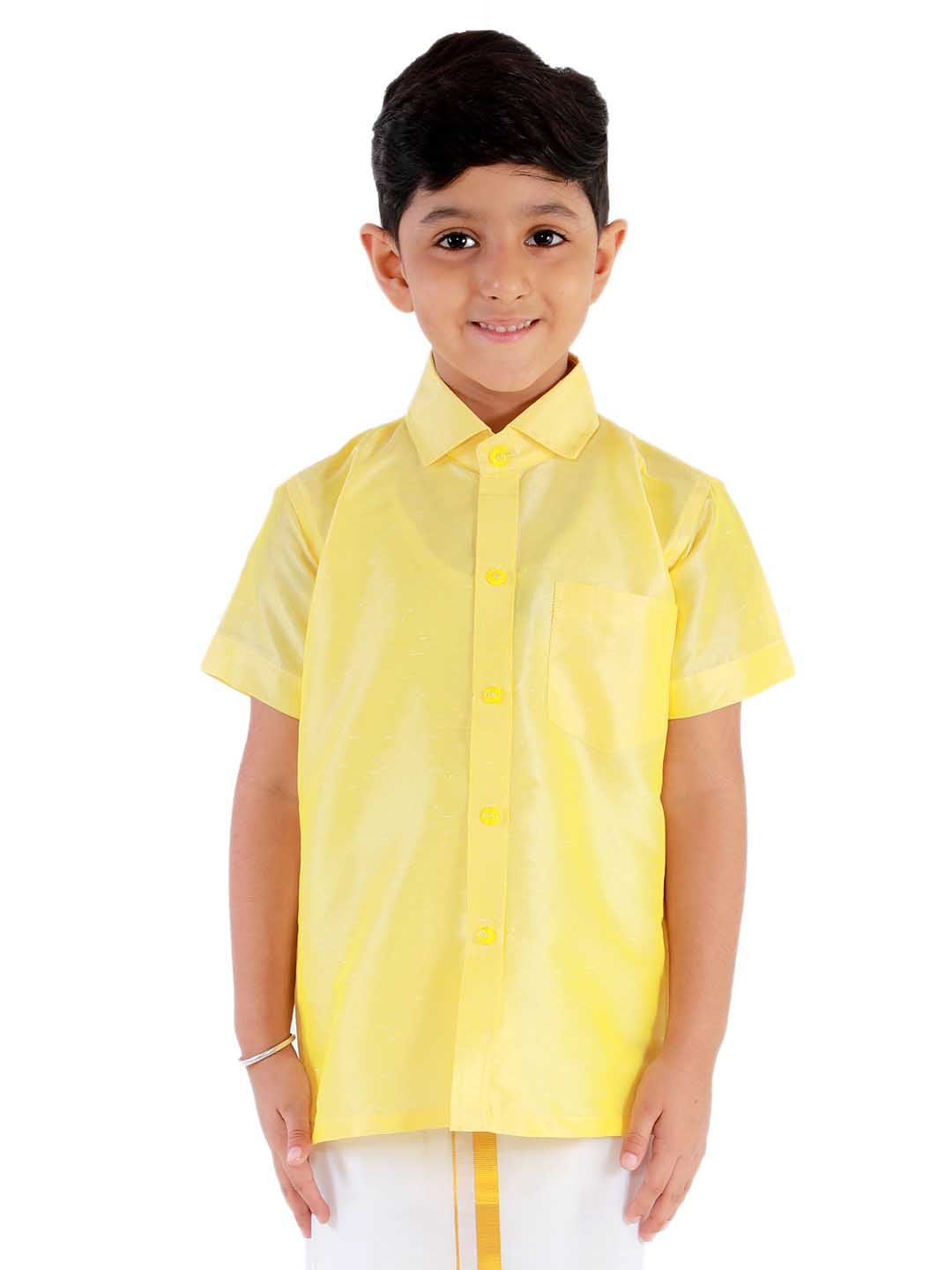 Vastramay Boys' Butter Yellow Silk Short Sleeves Ethnic Shirt