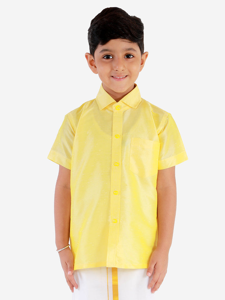 Vastramay Boys' Butter Yellow Silk Short Sleeves Ethnic Shirt