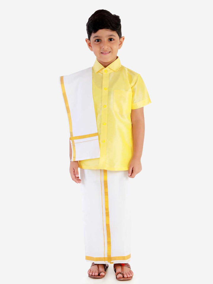 Vastramay Boys' Butter Yellow Silk Short Sleeves Ethnic Shirt