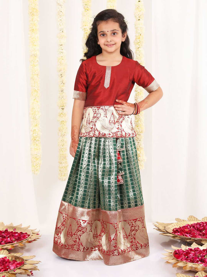 Vastramay Girl's Maroon And Green Pavda Pattu Lehenga Choli Set