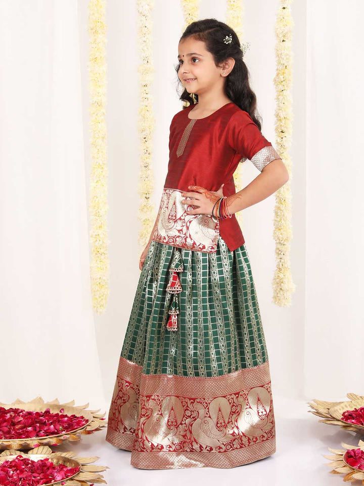 Vastramay Girl's Maroon And Green Pavda Pattu Lehenga Choli Set